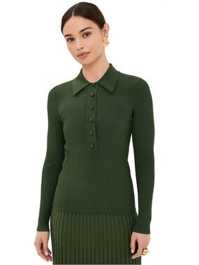 Zimmermann Ribbed Knit Polo Top Olive Green Long Sleeve Collared Shirt